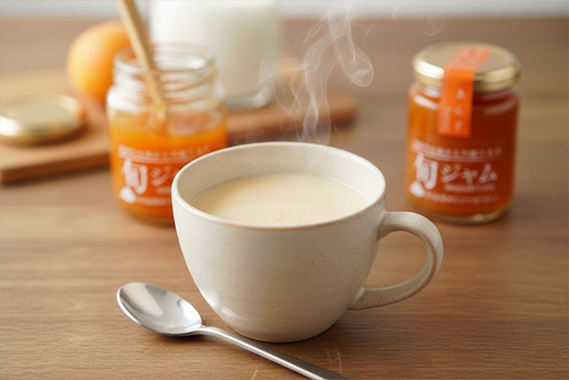 あんずジャムをホットミルクに溶かしてフルーツラテ風にアレンジしたレシピのイメージ
